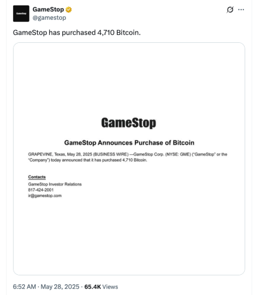 Gamestop покупает 4710 биткоин в качестве первых инвестиций в BTC.