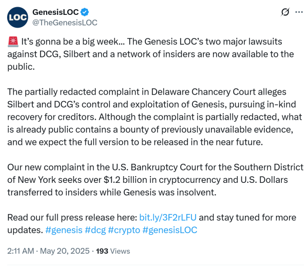 Genesis подает двойные судебные процессы, чтобы вернуть 3,3 млрд. Долл. США от DCG, Барри Силберт
