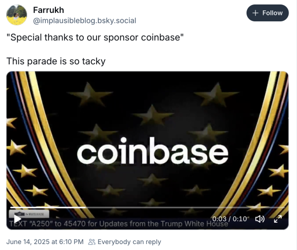 Пользователи криптовалюты критикуют спонсорство Coinbase о военном параде США