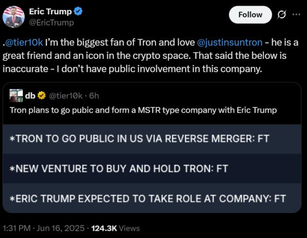 Эрик Трамп назвал себя фанатом Tron, но открестился от публичного листинга проекта в США