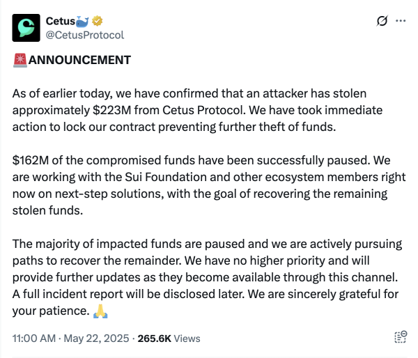 SUI Validators замораживает большинство украденных фондов в $220 млн. Cetus Hack
