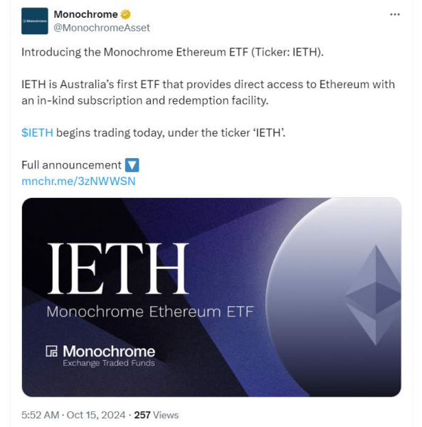 Запущен первый в Австралии ETF, напрямую хранящий Ether